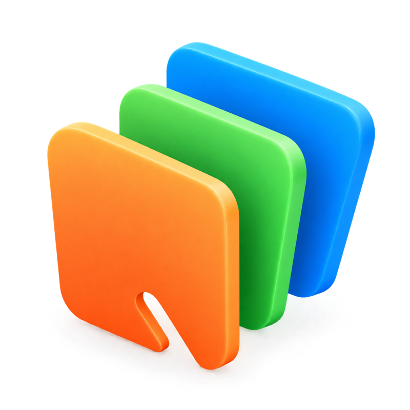 Three Qcard cards in orange, green and blue